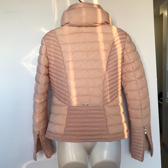 GUESS stretch water/windproof blush pink puffer moto contrasting vegan leather M - Picture 5 of 16